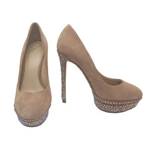 Brian Atwood Beige Suede Rhinestone Platform Pumps Size 8